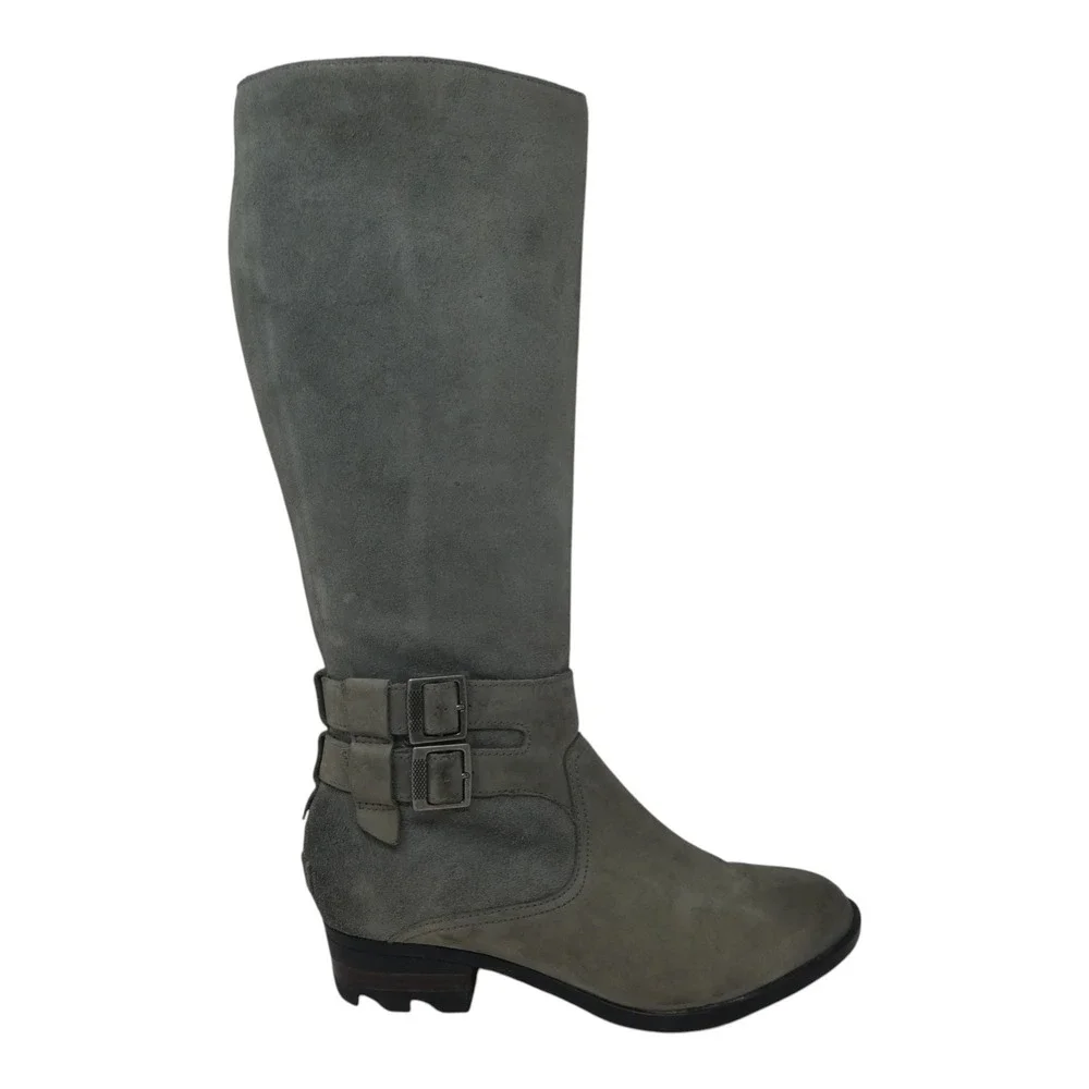 Sorel Emelie Tall Boot Women 8.5 Gray Leather Suede Waterproof Buckle